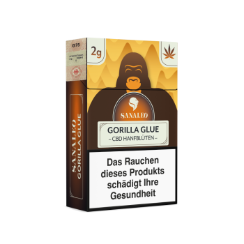 Sanaleo Gorilla Glue CBD-Blüten in der Zigarettenschachtel mit 2 g Inhalt und Steuermarke Emma Trade